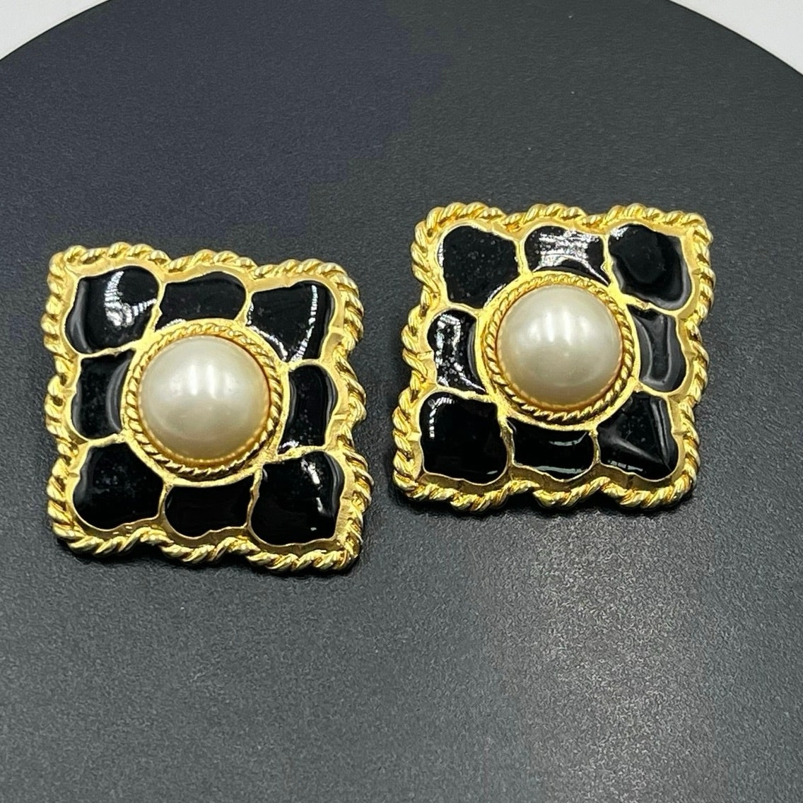 Edgar Berebi Vintage Moroccan Tile Black Enamel White Faux Pearl Earrings